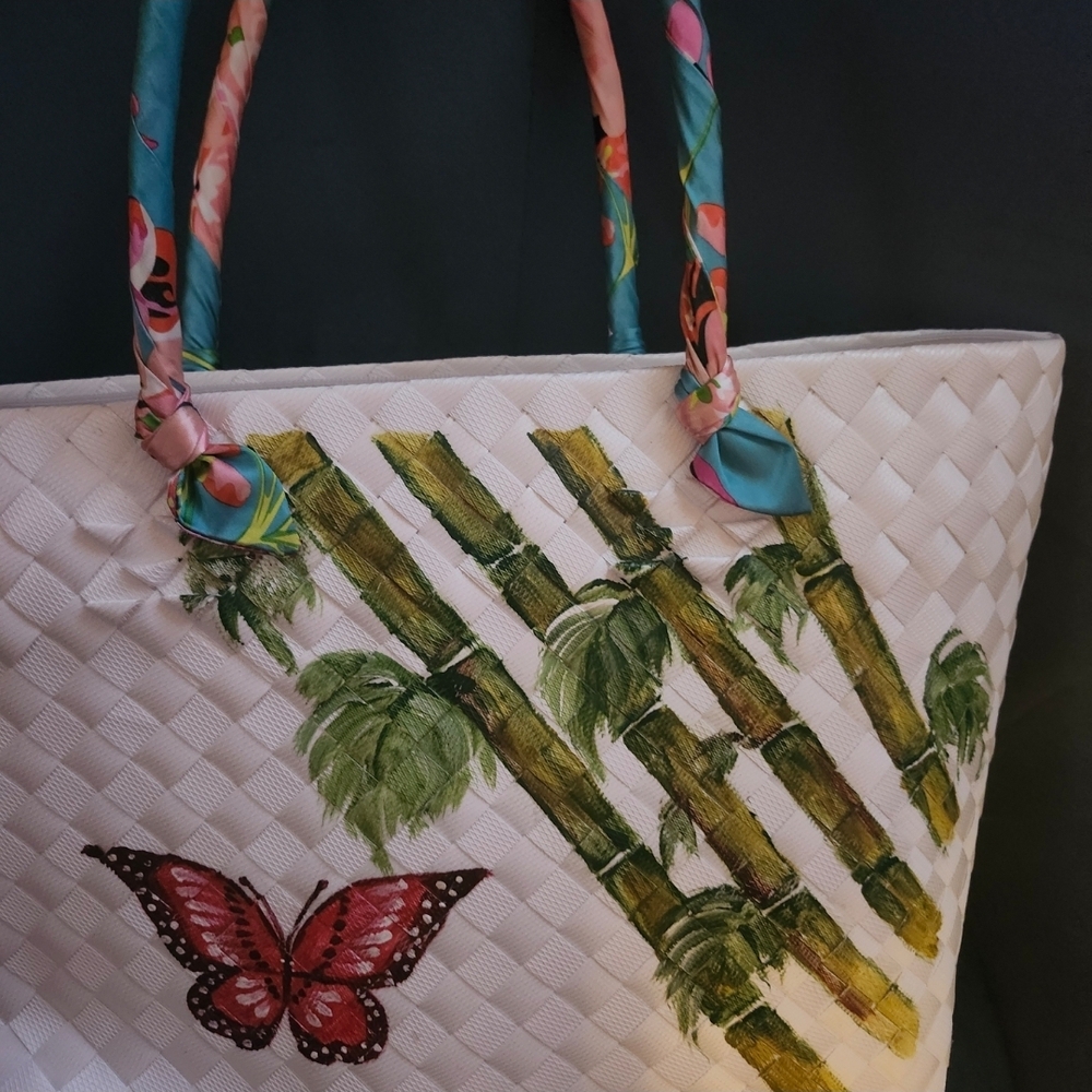 Brand New White Woven Tote Bag with Butterfly and Bamboo Design - Picture 3 of 7